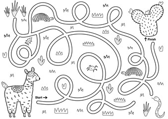Black and white maze game for kids. Help the cute llama find the way to the cactus. Printable labyrinth activity for children. Vector illustration © juliyas