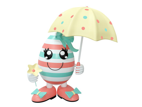 Niedliche Osterei Figur mit pastellfarbenen rosa und grünen Streifen, Sonnenschirm, Blume und lächelnden Gesicht.