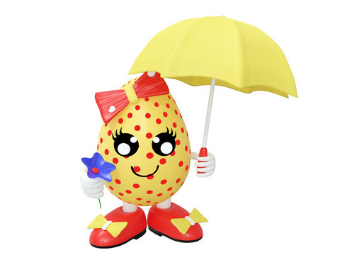 niedliche rot gepunktete Osterei Figur mit Sonnenschirm und Blume in der Hand.