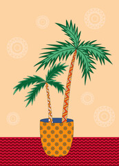 Home plant palms on pastel background with abstract shapes. Hand drawn design vector illustration.
