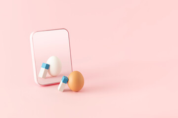 Egg in front of a mirror with eraser on pink background. Creative easter holiday concept.