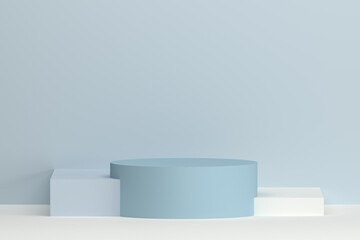 3D render. Geometric podium in soft colors. Gray, gray-blue and white. For cosmetic products, pharmacy ...
