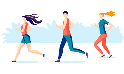 Fototapeta na wymiar Vector illustration, sports lifestyle. A man and women, dressed in sportswear, run a marathon. Running heroes in a flat style on a transparent background.
