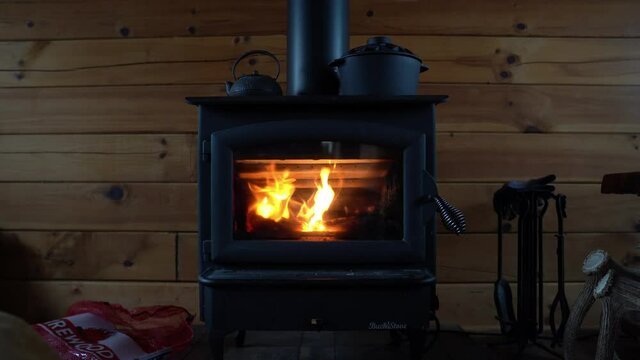 wood burning stove in a winter cabin