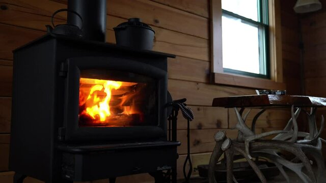 wood burning stove in a winter cabin