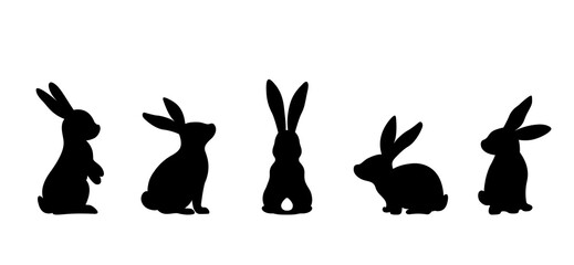 Silhouettes of easter bunnies isolated on a white background. Set of different rabbits silhouettes for design use. - obrazy, fototapety, plakaty