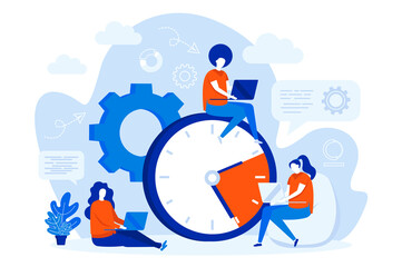 Time management web concept design with people. Employees work near big clock. Time management and efficiency composition in flat style. Vector illustration for social media promotional materials.