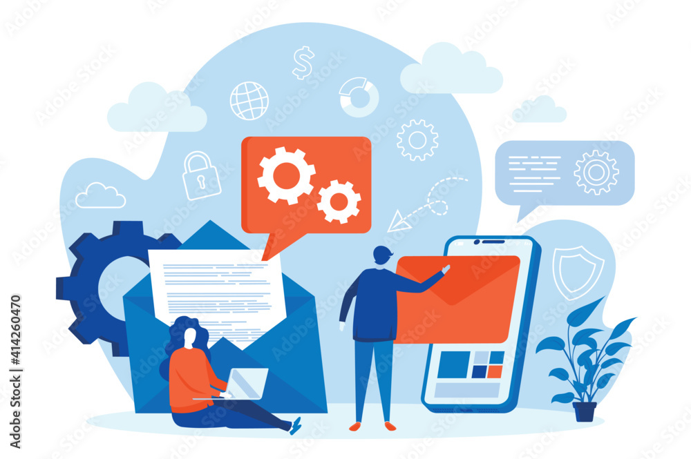 Aufkleber mobile email service web concept with people characters. network messaging scene design. people comm