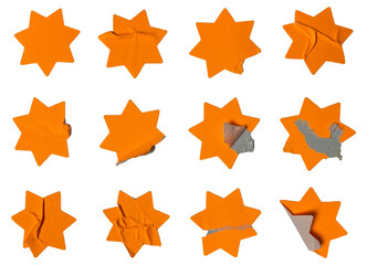 Blank orange price star adhesive paper sticker label set collection crumpled isolated on white background