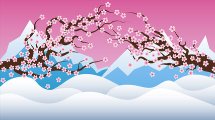 Spring background with sakura and mountains. Vector illustration