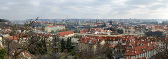 Naklejka na ściany i meble View towards Mánes Bridge from Old Castle stairs, Prague, Czech.