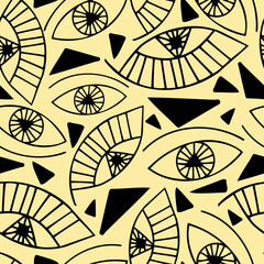 Vector seamless colorful abstract pattern of lined black ornamental bright eye shapes on yellow