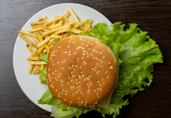 Burger and fries on a plate. Top view. Home-made fast food.