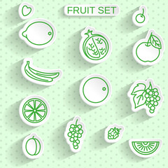 Fruits. Paper Sticker Set on Seamless Retro Background.