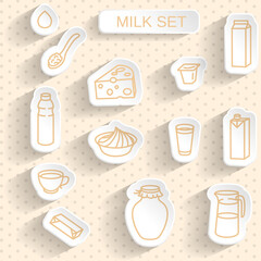 Milk and Dairy. Paper Sticker Set on Seamless Retro Background.