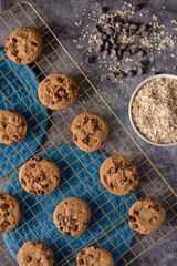 Chocochips cookies gray background and oat