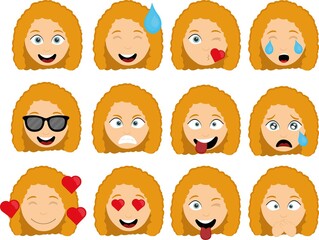 Vector illustration of emoticons of the head of a cartoon woman with various expressions and emotions, of joy, love and angry