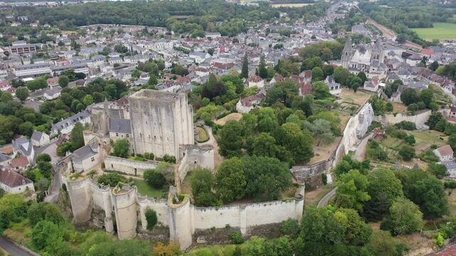 Flight over the city Loches and the Royal castle Loches on summer day. France