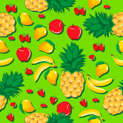 mango pineapple apple strawberry banana cherry mix fruits seamless pattern on parrot green background for wallpaper, pattern, web, blog, surface, textures, graphic & printing