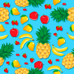 mango pineapple apple strawberry banana cherry mix fruits seamless pattern on aqua blue background for wallpaper, pattern, web, blog, surface, textures, graphic & printing