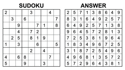 Vector sudoku with answer. Educational game with numbers for kids and leisure for adult on white background. - obrazy, fototapety, plakaty