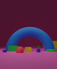 Background 3d blue yellow green orang-red rendering with podium and minimal scene, minimal abstract background 3d render abstract shape pastel color. Stage 3d render for pink background.