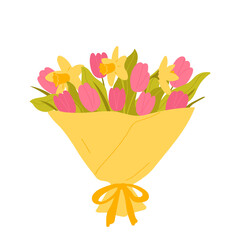 A bouquet of spring blooming flowers. Pink tulips and yellow daffodils. Floral decorative composition isolated on white background. Vector illustration in flat style.