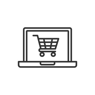 Computer display with shopping cart line icon, outline vector sign, linear style pictogram isolated on white.