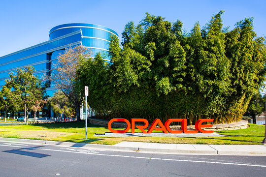 Redwood City, CA, USA - February 10, 2021: Building of Oracle Corporation office, an American computer technology corporation headquartered in Austin, Texas (since January 2021)