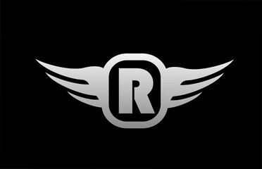 R alphabet letter logo for business and company with wings and black and white grey color. Corporate brading and lettering icon with simple design