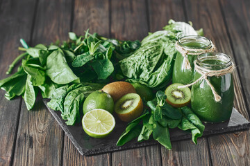 Blended green smoothie with ingredients on the stone board, wooden table selective focus