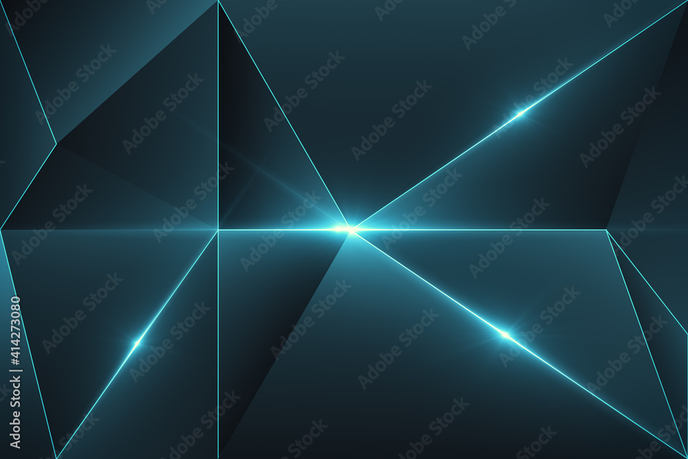 Poster abstract dark background with luminous polygonal figures and glowing spots