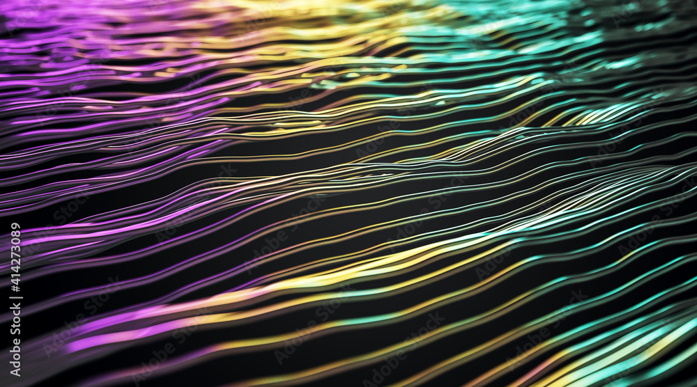 Poster abstract art background with thin iron wires with slick of gasoline effect