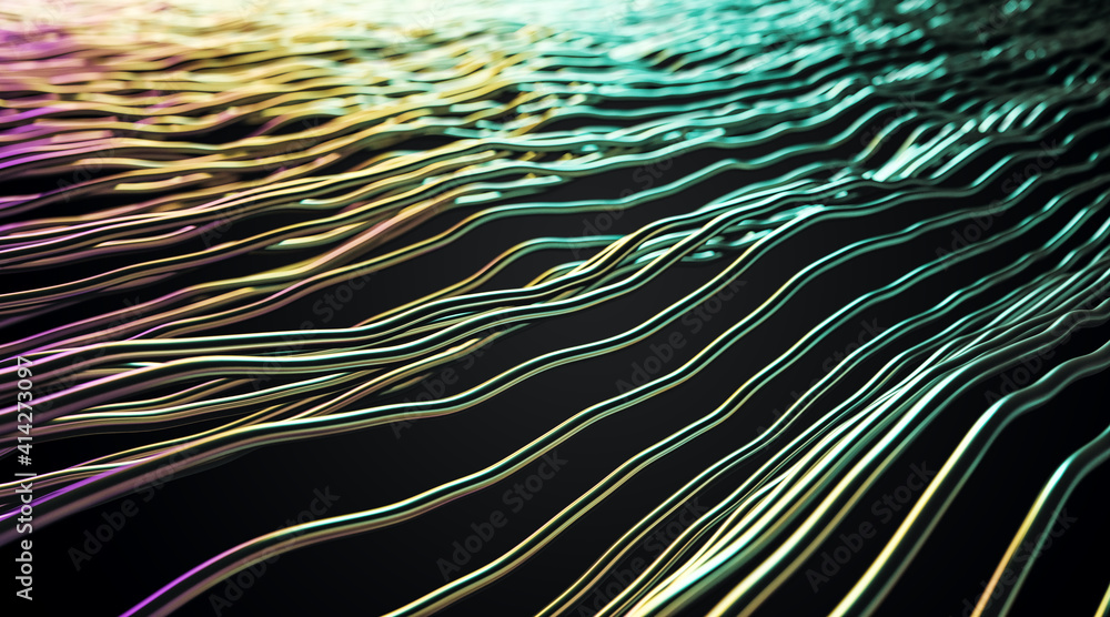 Poster abstract art background with chaotic slick of gasoline color iron wires