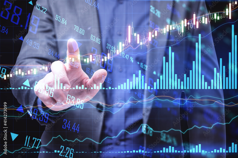 Poster Businessman points to stock graph indicator on digital screen with business candle stick graph