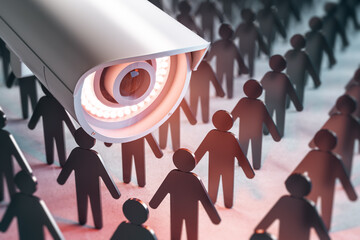 Total population control concept with CCTV videocam and small figures of people
