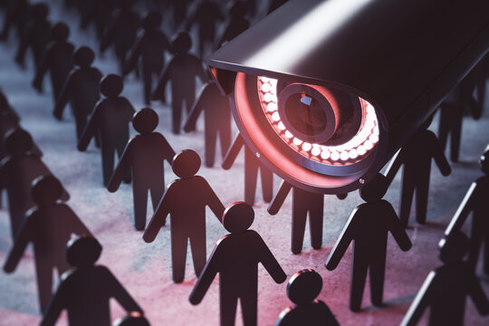 Video surveillance and technology concept with CCTV camera and figures of people standing in a row