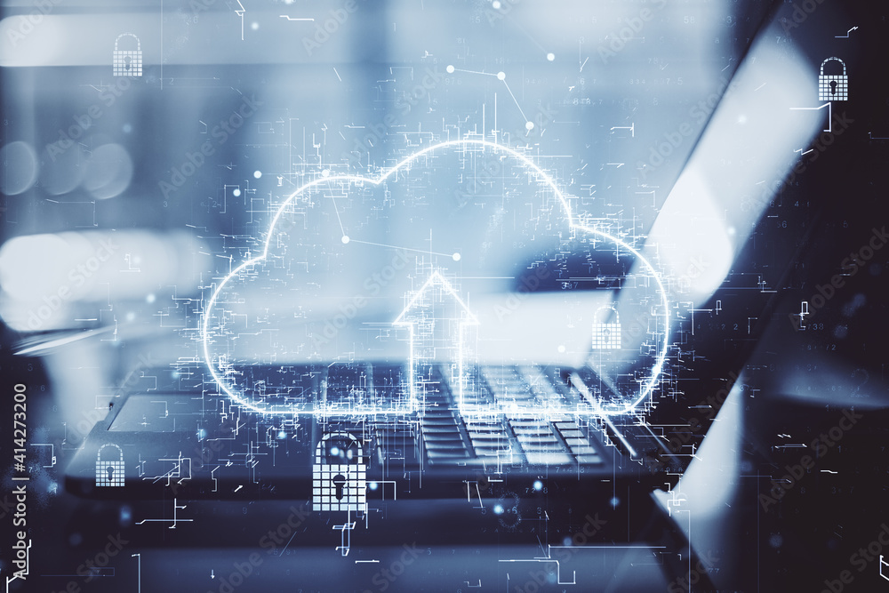 Poster world cloud service concept with digital cloud sign with arrow up and laptop at abstract background.