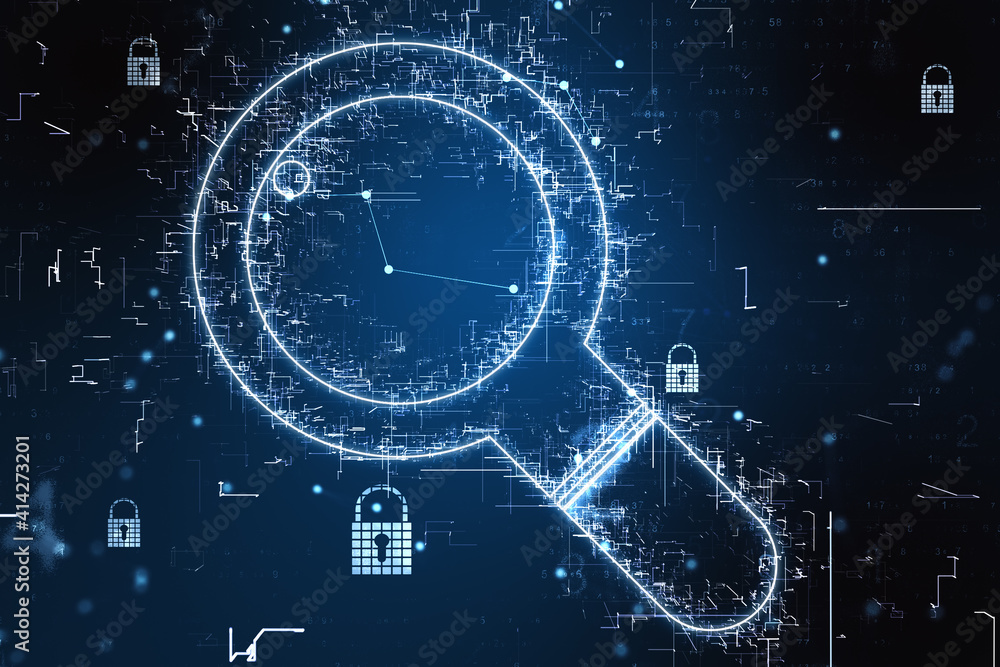 Poster Global search technology concept with digital loupe sign made from glowing elements and locks at dark background
