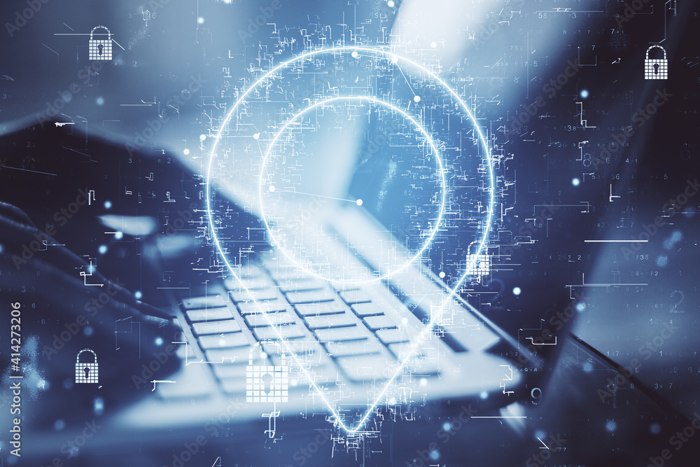 Poster Geolocation internet technology with digital geolocation symbol and hands typing on laptop. Double exposure