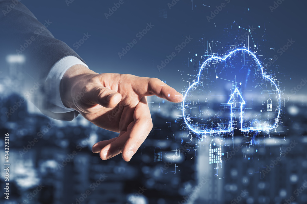 Aufkleber cloud service technology with man hand touching digital screen with glowing cloud icon with arrow up