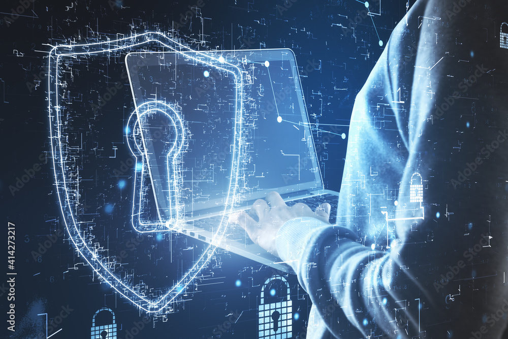 Poster Internet security concept with hacker back typing on laptop keyboard and digital keyhole sign with locks. Double exposure