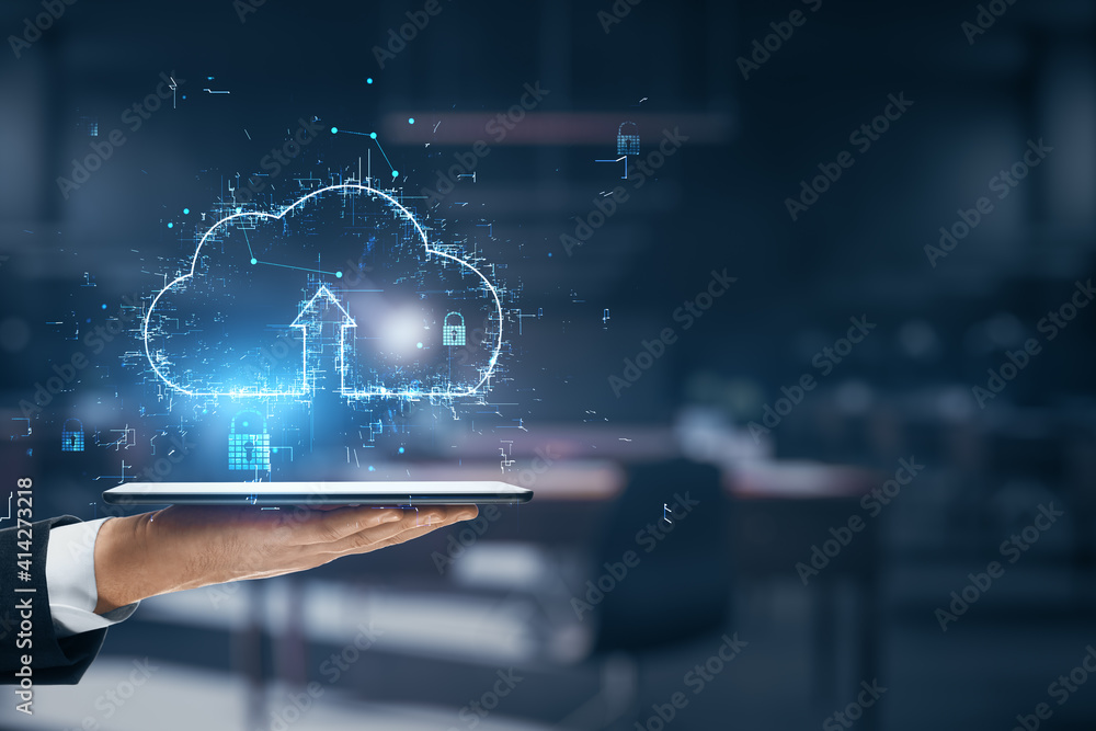 Poster Global cloud service concept with digital cloud icon with arrow up above businessman hand with digital tablet. Double exposure
