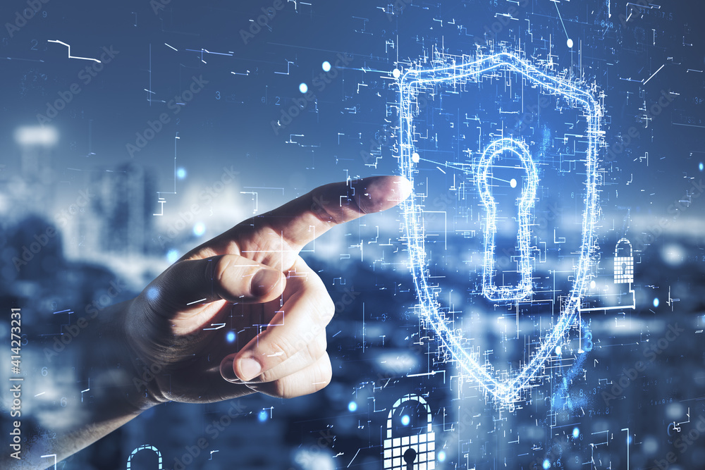 Poster internet online business security concept with businessman hand touching digital screen with keyhole