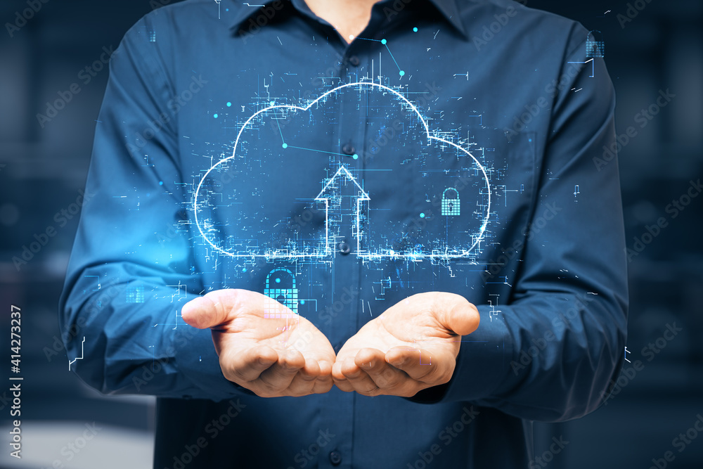 Poster cloud computing concept with digital cloud icon with arrow up above businessman hands at dark backgr