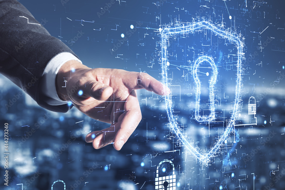 Poster internet security concept with man hand touching digital screen with glowing keyhole sketch at dark 