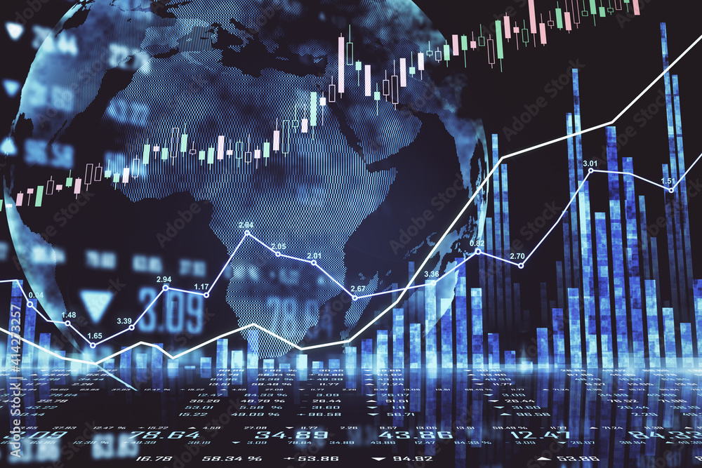 Aufkleber global stock market concept with circle world map and financial chart and diagram at dark background