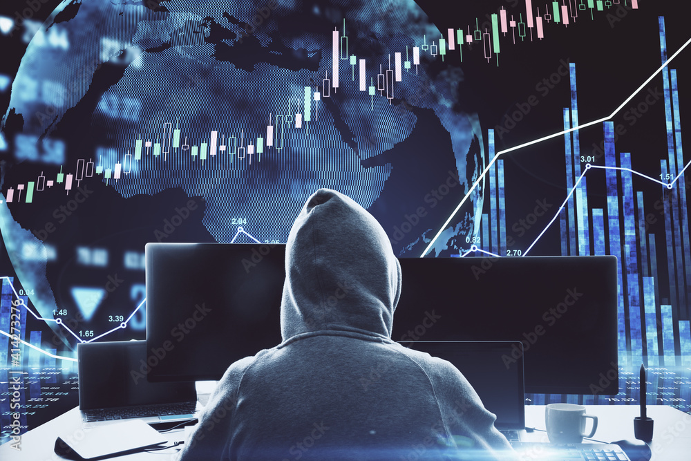 Poster World security and technology protection concept with hacker back with monitors and digital screen with financial graph. Double exposure