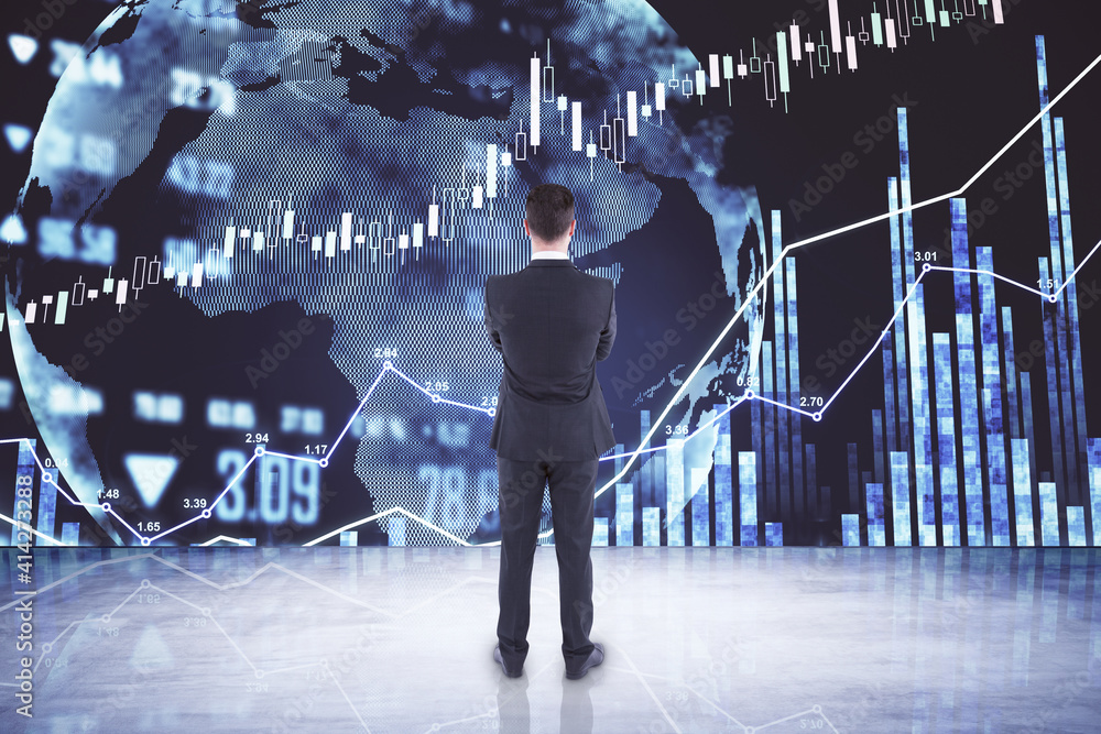Poster businessman analyses trading market changes looking at digital screen with world map and financial g