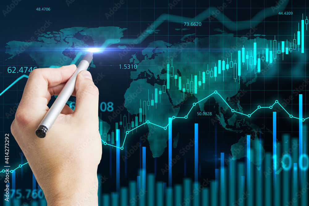Poster man hand draws financial graphs on digital screen with stock market charts. double exposure